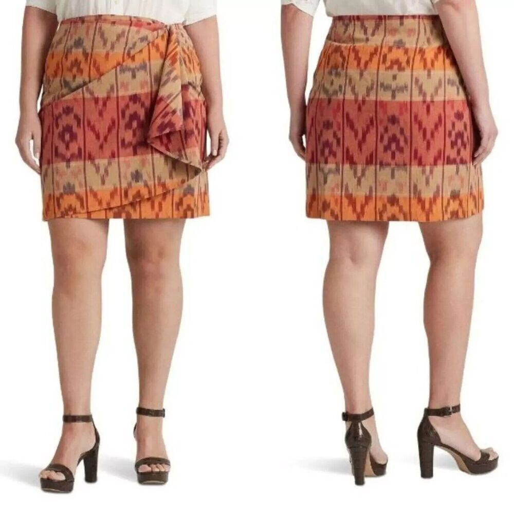 Lauren Ralph Lauren Women's skirt Geo Motif Cotton Linen Wrap Skirt Size 14P